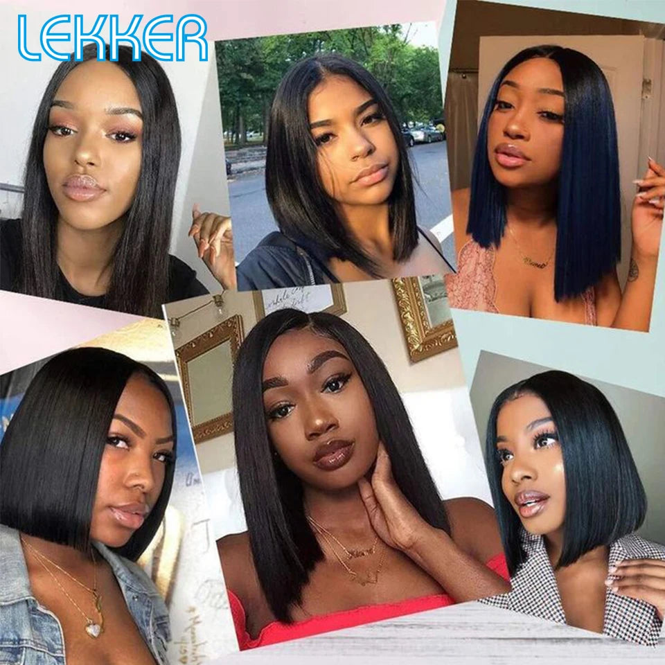 Lekker 100% Human Hair Wig Highlight Brown Long Pixie Straight Bob Middle Part Lace Front For Women Brazilian Remy Hair Glueless