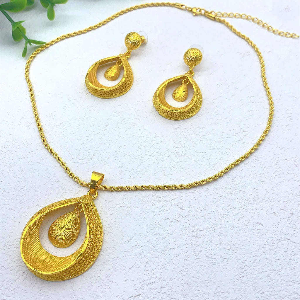 Dubai 24K Gold Plated Necklace Earrings Jewelry Set For Women Droplet African Indian Nigeria Bridal Wedding Party Gift Jewellery