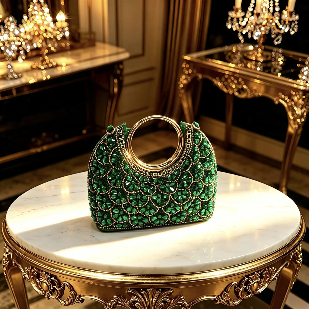 2026 INS Italian Design Elegant Green Rhinestone Pointed Toe High Heels & Handbag Set - Ideal for Weddings and Special Occasions
