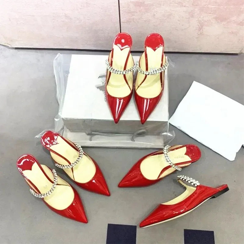 2026 New Fashionable Fine Heeled Muller Shoes with Pointed Water Diamond Chain Banquet Shallow Mouth Women's High Heel Sandals