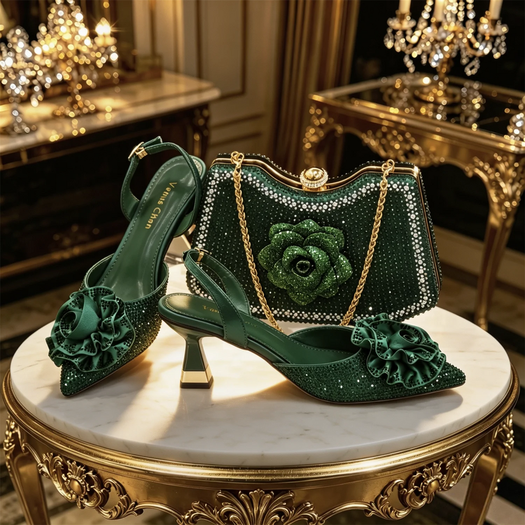 2026 Luxury Green 3D Rose Rhinestone Shoes And Bag Set Women Pointed Toe Slingback High Heels Matching Clutch For Wedding Party