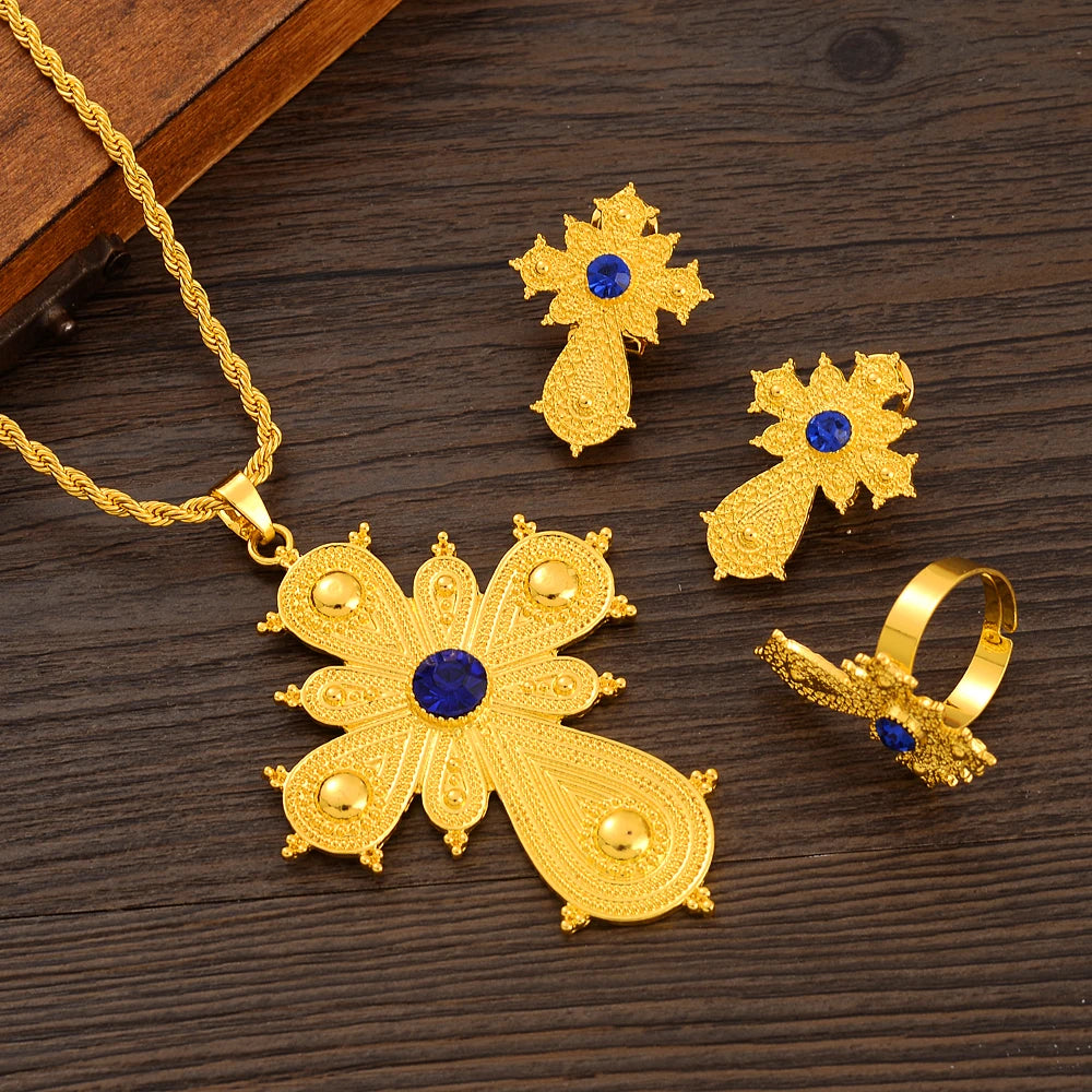 Ethiopian Gold Color Cross Necklace Earring Ring African Bridal Jewellery Set Habesha Party Jewelry